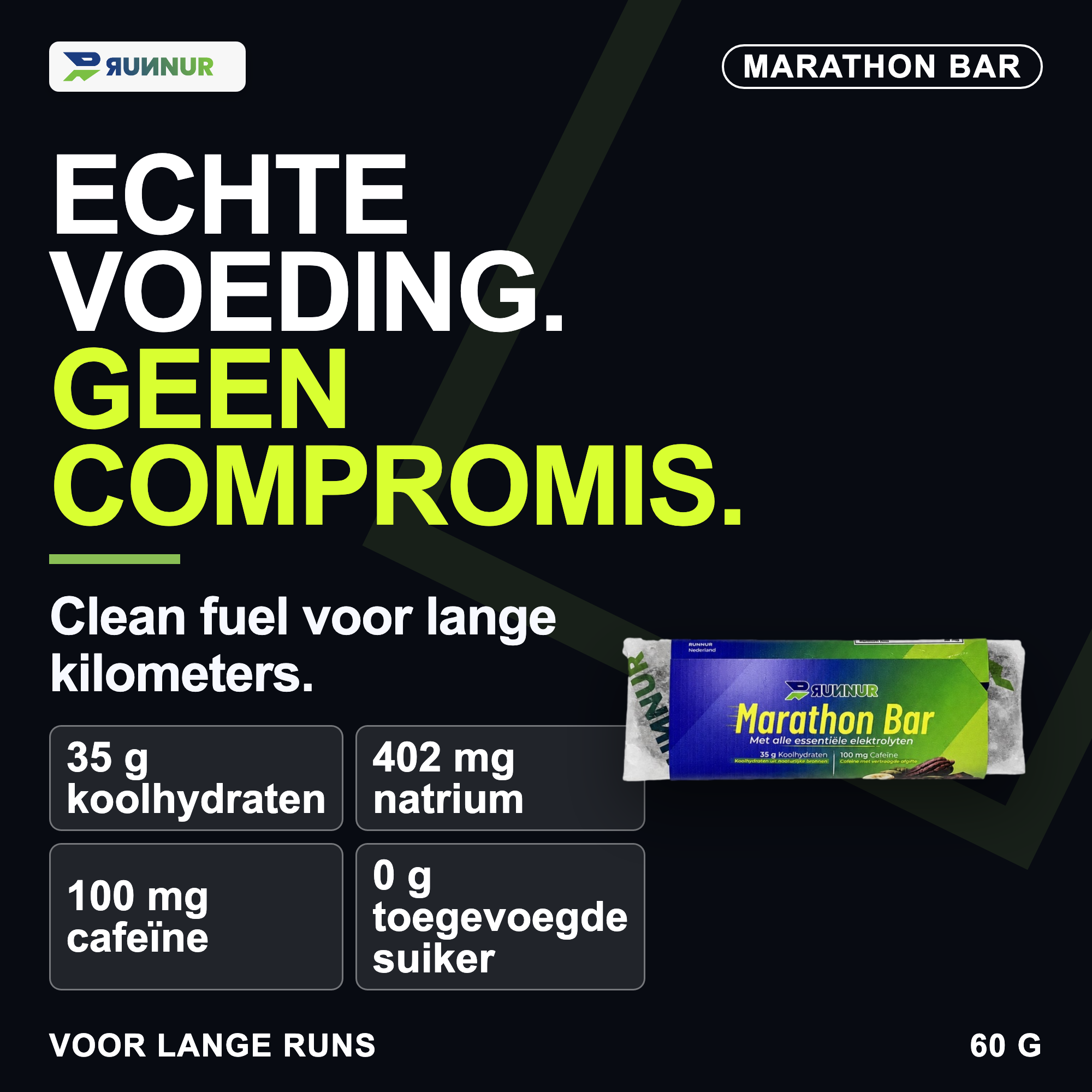 Mobile-first RUNNUR Marathon Bar: echte voeding zonder compromis