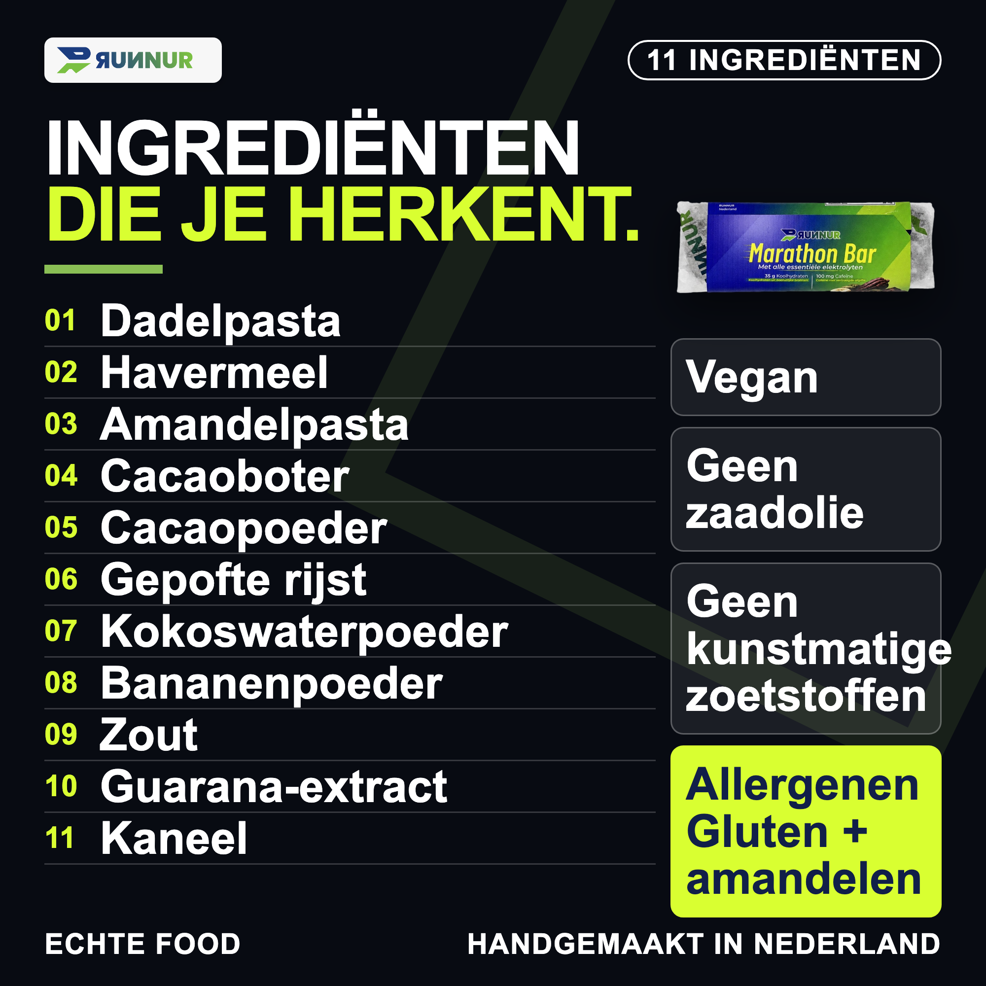Mobile-first overzicht van alle 11 ingrediënten inclusief cacaopoeder