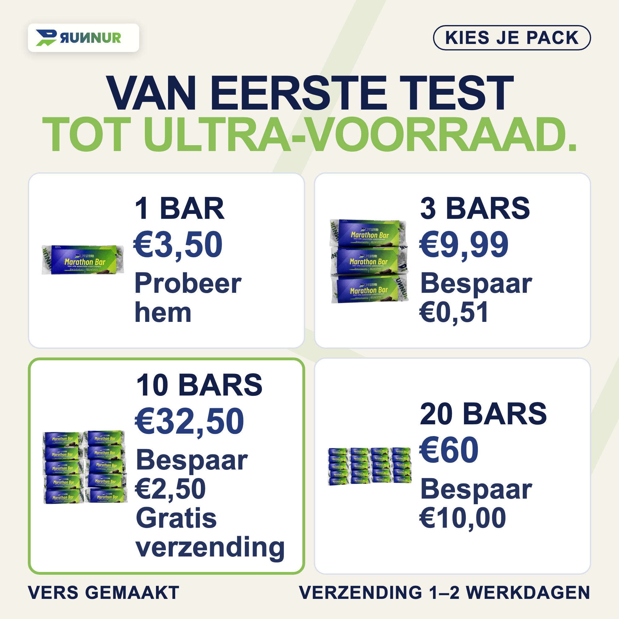 Mobile-first packoverzicht met exacte besparing voor 3, 10 en 20 bars